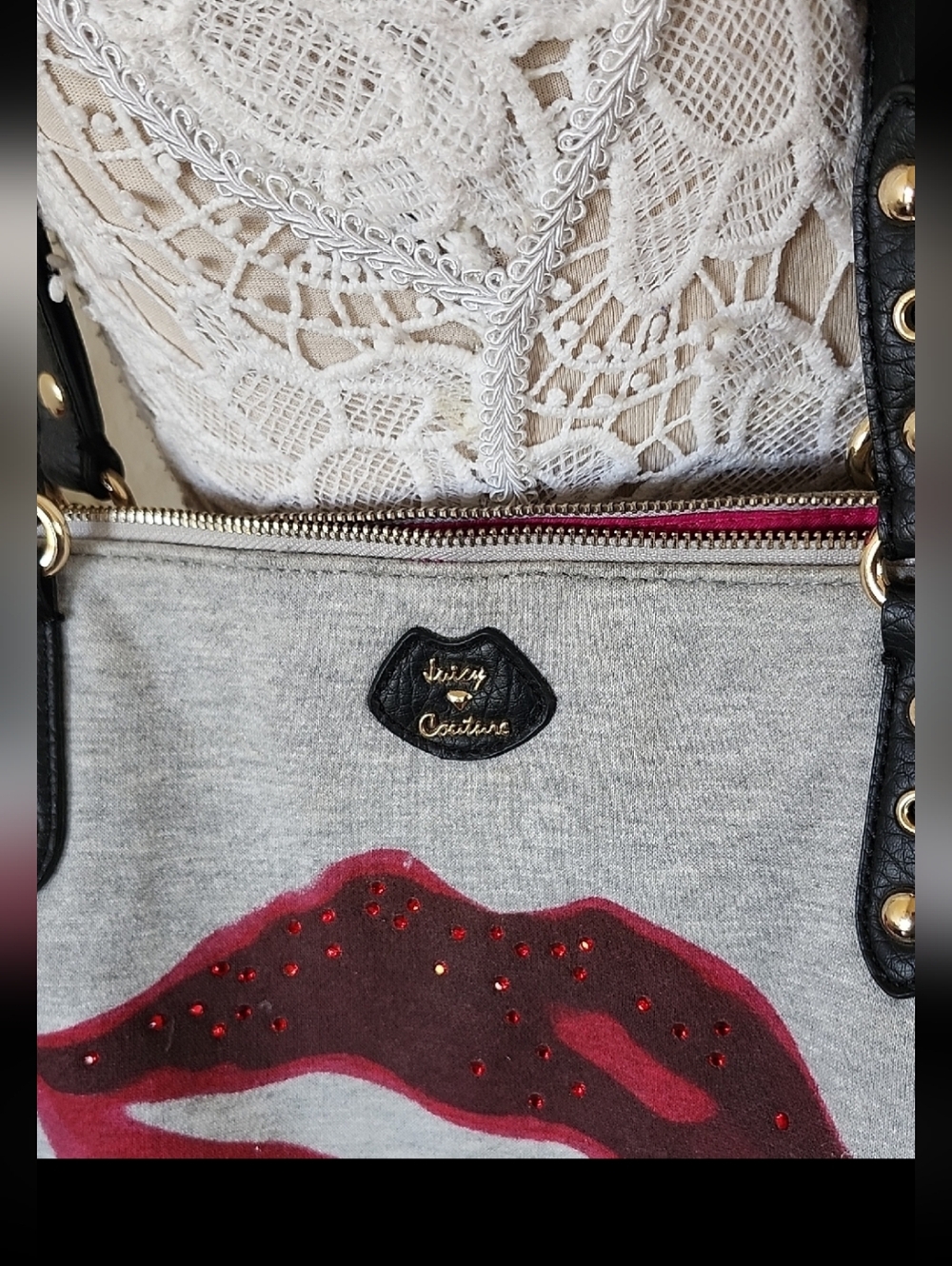 Juicy Couture Jersey Knit Barbiecore Rhinestone Lips Overnight Tote Bag - Picture 3 of 15
